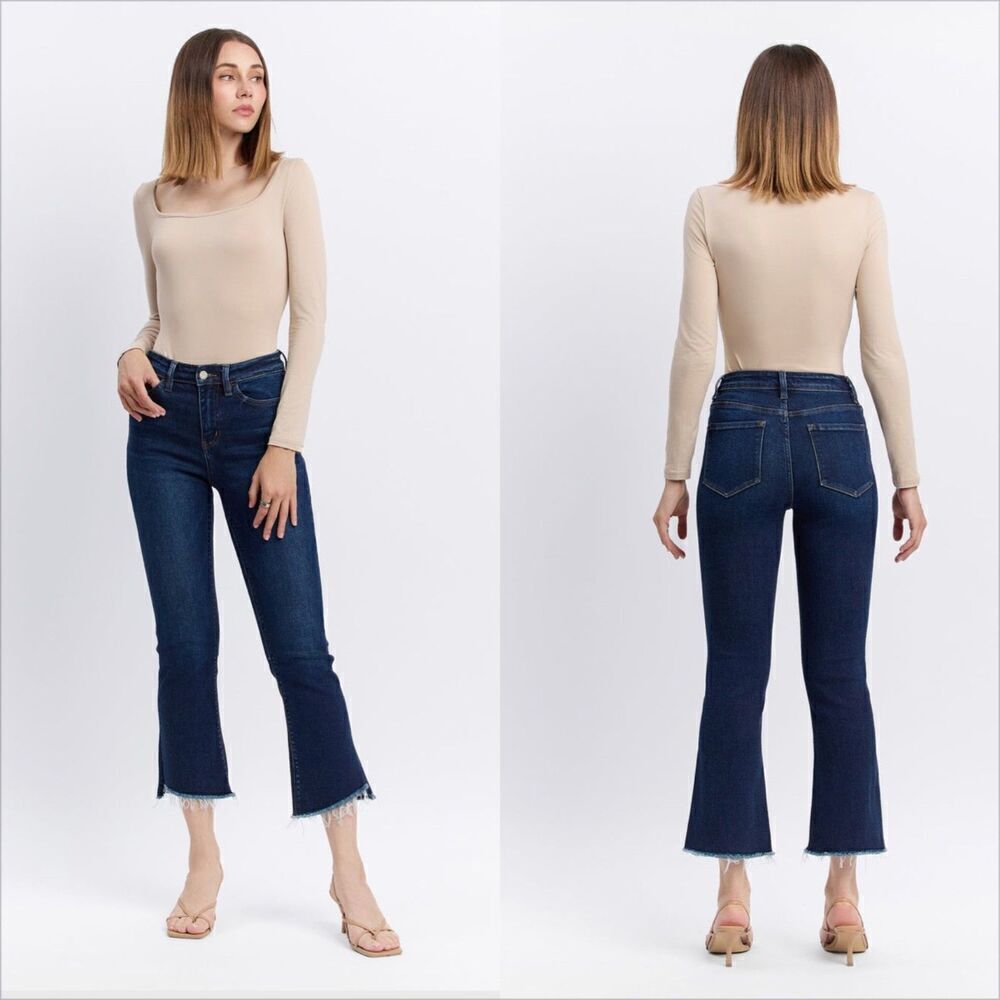Vervet Motivated High Rise Step Raw Hem Crop Flare Jeans Size 31 Dark Wash